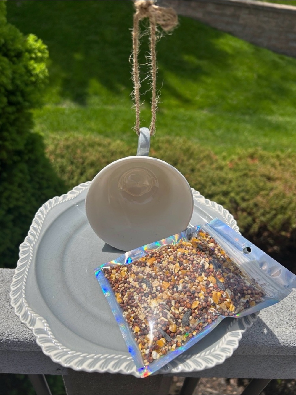 Ceramic Hanging Bird Feeder with Seed Pack White & Gray
